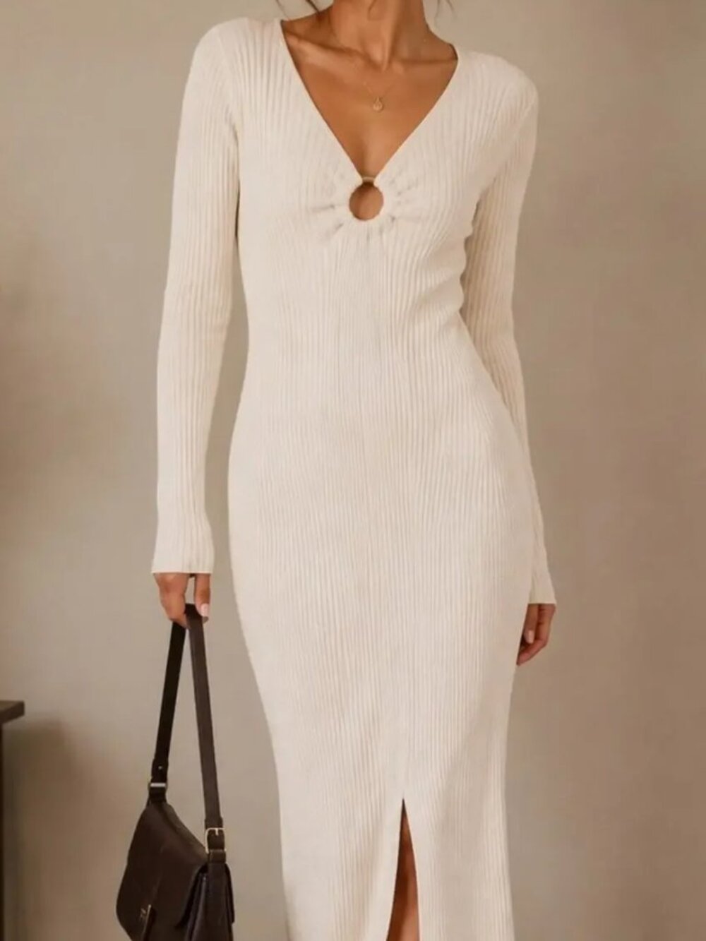 NWT Abercrombie Long-Sleeve O-Ring Sweater Midi Dress Off White M Tall